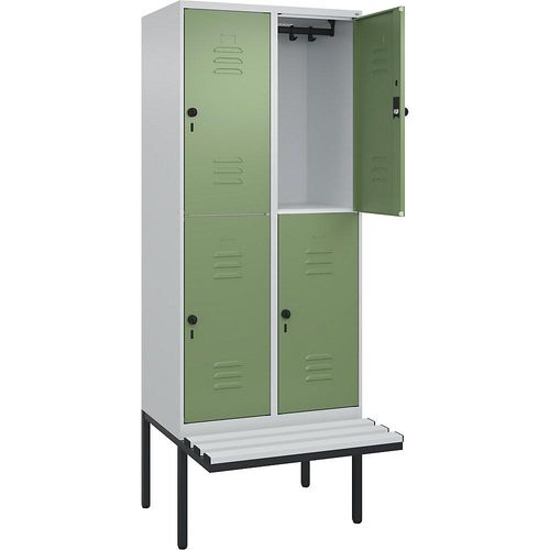 4066681799813 - Doppelstock-Spind Classic PLUS Sitzbank 2 Abteile lichtgrau resedagrün B 800 mm Sicherheits-Drehriegel auskragend Kunststoff C+P 4066681799813 - Doppelstock-Spind Classic PLUS Sitzbank 2 Abteile lichtgrau resedagrün B 800 mm Sicherheits-Drehriegel auskragend Kunststoff C+P