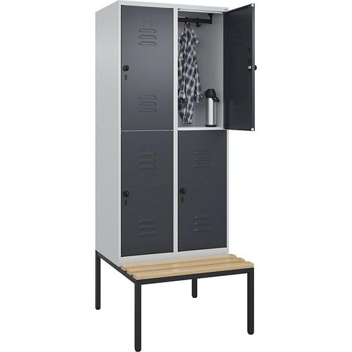 4066681748651 - Doppelstock-Spind Classic PLUS Sitzbank 2 Abteile lichtgrau grau B 800 mm Sicherheits-Drehriegel untergebaut Buche-Hartholz C+P 4066681748651 - Doppelstock-Spind Classic PLUS Sitzbank 2 Abteile lichtgrau grau B 800 mm Sicherheits-Drehriegel untergebaut Buche-Hartholz C+P