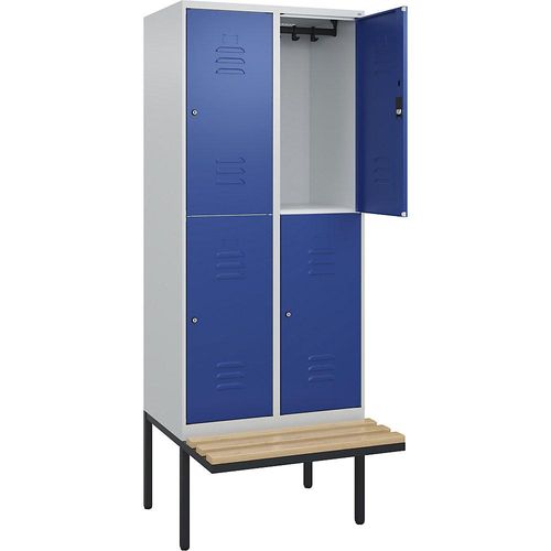 4066681799639 - Doppelstock-Spind Classic PLUS Sitzbank 2 Abteile lichtgrau   enzianblau B 800 mm Zylinderschloss auskragend Buche-Hartholz C+P