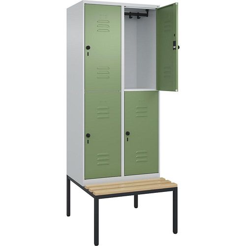 4066681748637 - Doppelstock-Spind Classic PLUS Sitzbank 2 Abteile lichtgrau   resedagrün B 800 mm Sicherheits-Drehriegel untergebaut Buche-Hartholz C+P