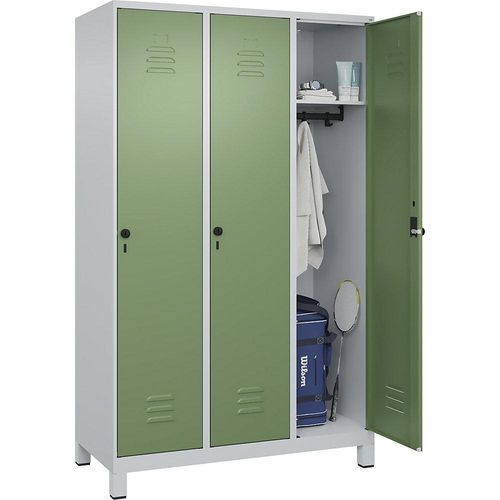 4066681613416 - Spind Classic PLUS 3 Abteile lichtgrau   resedagrün B 1200 mm mit Füßen Drehriegel