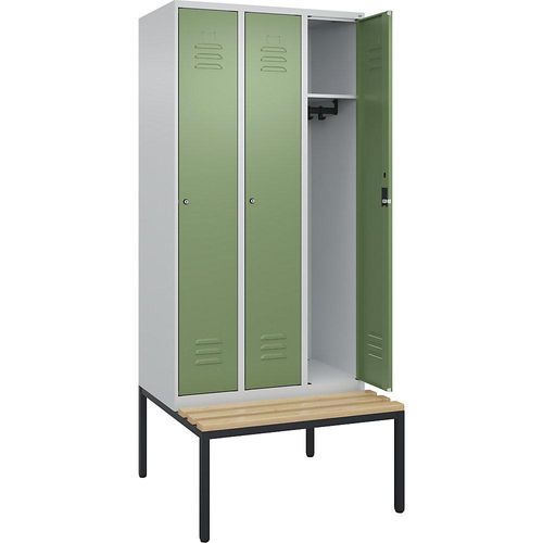 4066681828070 - Spind Classic PLUS Sitzbank 3 Abteile lichtgrau   resedagrün B 900 mm Zylinderschloss untergebaut Buche-Hartholz C+P