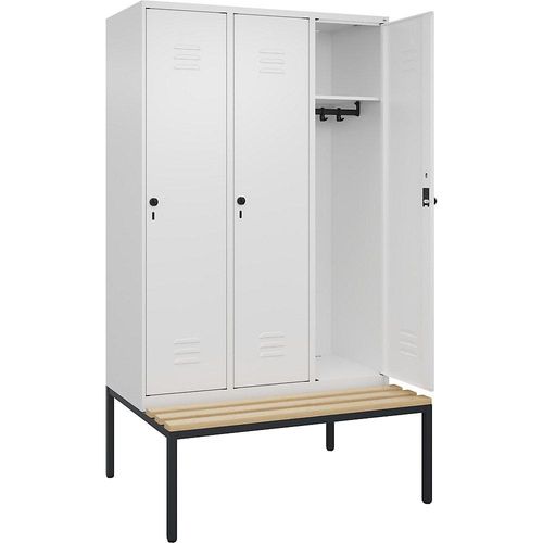 4066681744974 - Spind Classic PLUS Sitzbank 3 Abteile verkehrsweiß B 1200 mm Sicherheits-Drehriegel untergebaut Buche-Hartholz C+P