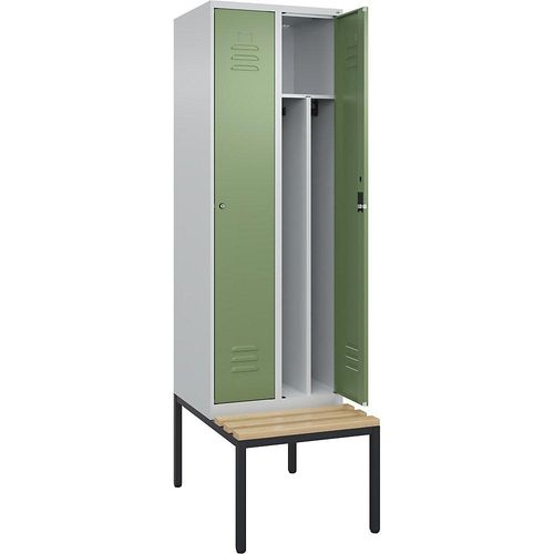 4066681819078 - Schwarz-Weiß-Spind Classic PLUS Sitzbank schmal 2 Abteile Trennwand verkürzt lichtgrau   resedagrün B 600 mm Zylinderschloss untergebaut Buche-Hartholz C+P