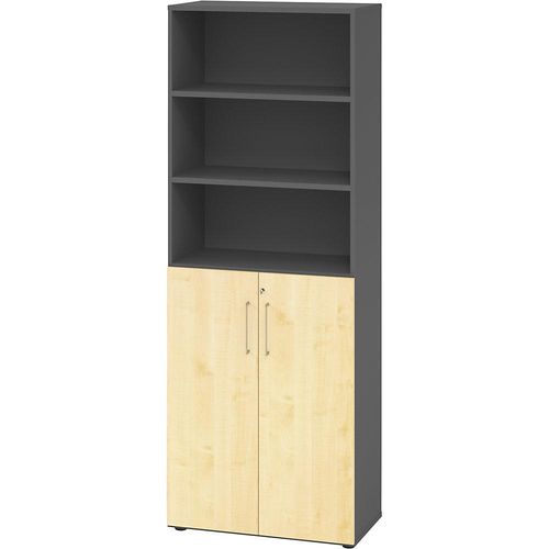 4032062314975 - eurokraft pro Büroregalschrank 5 Fachböden 6 Ordnerhöhen davon 3 offen graphit   Ahorn-Dekor