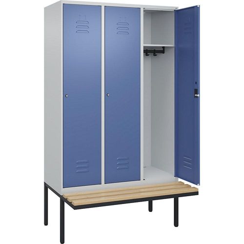 4066681827226 - Spind Classic PLUS Sitzbank 3 Abteile lichtgrau   fernblau B 1200 mm Zylinderschloss auskragend Buche-Hartholz C+P