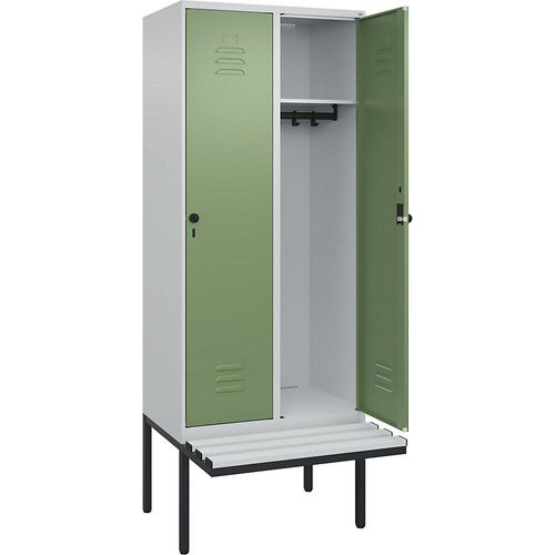 4066681786455 - Spind Classic PLUS Sitzbank 2 Abteile lichtgrau   resedagrün B 800 mm Sicherheits-Drehriegel auskragend Kunststoff C+P