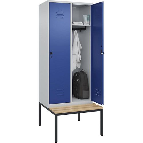 4066681743977 - Spind Classic PLUS Sitzbank 2 Abteile lichtgrau   enzianblau B 800 mm Sicherheits-Drehriegel untergebaut Buche-Hartholz C+P