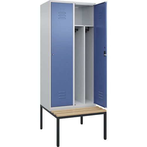 4066681819207 - Schwarz-Weiß-Spind Classic PLUS Sitzbank schmal 2 Abteile Trennwand verkürzt lichtgrau   fernblau B 800 mm Zylinderschloss untergebaut Buche-Hartholz C+P