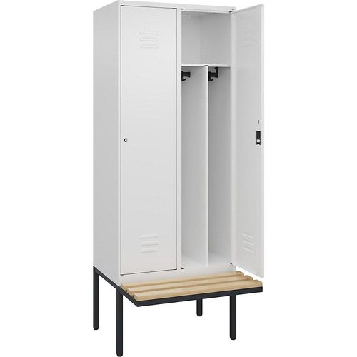 4066681817470 - Schwarz-Weiß-Spind Classic PLUS Sitzbank schmal 2 Abteile Trennwand verkürzt verkehrsweiß B 800 mm Zylinderschloss auskragend Buche-Hartholz C+P
