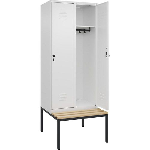 4066681744080 - Spind Classic PLUS Sitzbank 2 Abteile verkehrsweiß B 800 mm Sicherheits-Drehriegel untergebaut Buche-Hartholz C+P