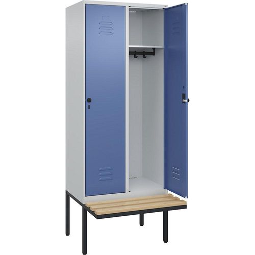 4066681740846 - Spind Classic PLUS Sitzbank 2 Abteile lichtgrau   fernblau B 800 mm Sicherheits-Drehriegel auskragend Buche-Hartholz C+P