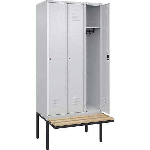 4066681827127 - Spind Classic PLUS Sitzbank 3 Abteile lichtgrau B 900 mm Zylinderschloss auskragend Buche-Hartholz C+P