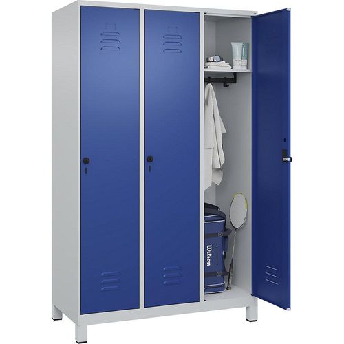 4066681613386 - Spind Classic PLUS 3 Abteile lichtgrau   enzianblau B 1200 mm mit Füßen Drehriegel