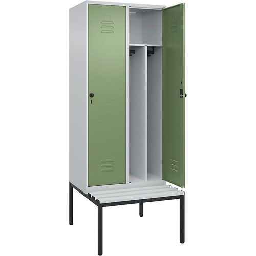 4066681792456 - Schwarz-Weiß-Spind Classic PLUS Sitzbank schmal 2 Abteile Trennwand verkürzt lichtgrau resedagrün B 800 mm Sicherheits-Drehriegel untergebaut Kunststoff C+P 4066681792456 - Schwarz-Weiß-Spind Classic PLUS Sitzbank schmal 2 Abteile Trennwand verkürzt lichtgrau resedagrün B 800 mm Sicherheits-Drehriegel untergebaut Kunststoff C+P