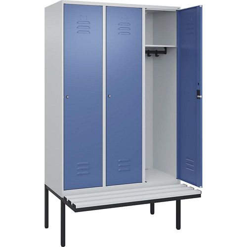 4066681787490 - Spind Classic PLUS Sitzbank 3 Abteile lichtgrau   fernblau B 1200 mm Zylinderschloss auskragend Kunststoff C+P