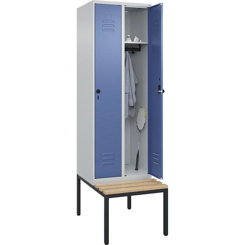 4066681743694 - Spind Classic PLUS Sitzbank 2 Abteile lichtgrau   fernblau B 600 mm Sicherheits-Drehriegel untergebaut Buche-Hartholz C+P