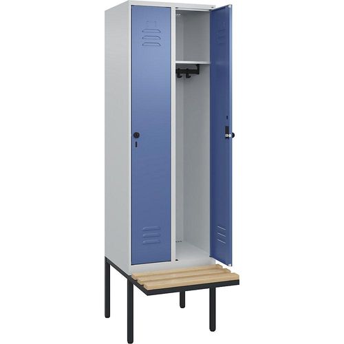 4066681740396 - Spind Classic PLUS Sitzbank 2 Abteile lichtgrau   fernblau B 600 mm Sicherheits-Drehriegel auskragend Buche-Hartholz C+P