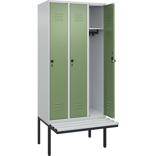 4066681787056 - Spind Classic PLUS Sitzbank 3 Abteile lichtgrau   resedagrün B 900 mm Sicherheits-Drehriegel auskragend Kunststoff C+P