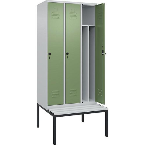 4066681792913 - Schwarz-Weiß-Spind Classic PLUS Sitzbank schmal 3 Abteile Trennwand verkürzt lichtgrau   resedagrün B 900 mm Sicherheits-Drehriegel untergebaut Kunststoff C+P