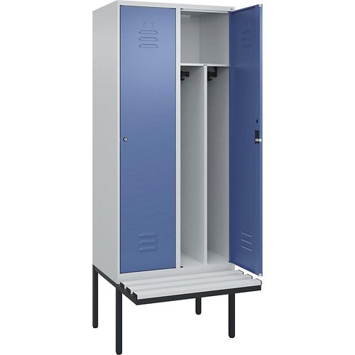 4066681786592 - Schwarz-Weiß-Spind Classic PLUS Sitzbank schmal 2 Abteile Trennwand verkürzt lichtgrau   fernblau B 800 mm Zylinderschloss auskragend Kunststoff C+P