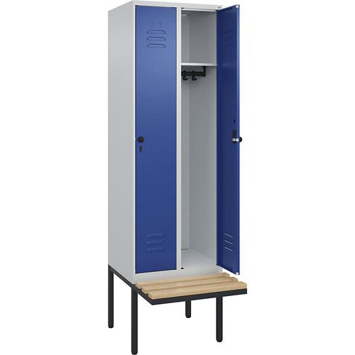 4066681740372 - Spind Classic PLUS Sitzbank 2 Abteile lichtgrau   enzianblau B 600 mm Sicherheits-Drehriegel auskragend Buche-Hartholz C+P