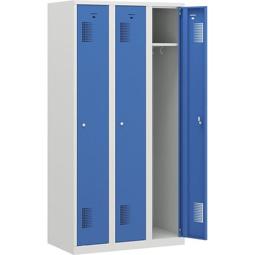 4061753005694 - eurokraft basic Garderobenschrank Breite 900 mm 3 Abteile à 298 mm mit Zylinderschloss Korpus lichtgrau Türen lichtblau 4061753005694 - eurokraft basic Garderobenschrank Breite 900 mm 3 Abteile à 298 mm mit Zylinderschloss Korpus lichtgrau Türen lichtblau