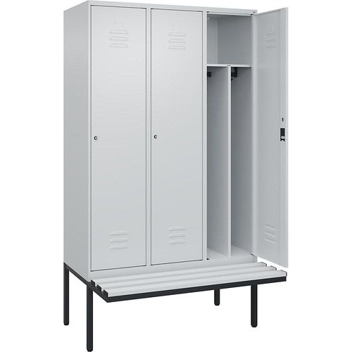 4066681787834 - Schwarz-Weiß-Spind Classic PLUS Sitzbank schmal 3 Abteile Trennwand verkürzt lichtgrau B 1200 mm Zylinderschloss auskragend Kunststoff C+P