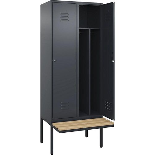 4066681817456 - Schwarz-Weiß-Spind Classic PLUS Sitzbank schmal 2 Abteile Trennwand verkürzt grau B 800 mm Zylinderschloss auskragend Buche-Hartholz C+P