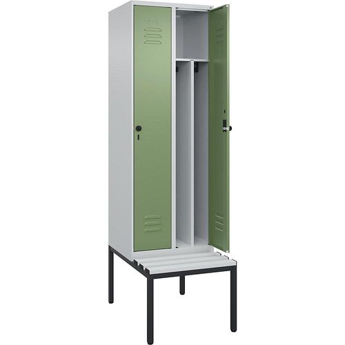 4066681792005 - Schwarz-Weiß-Spind Classic PLUS Sitzbank schmal 2 Abteile Trennwand verkürzt lichtgrau   resedagrün B 600 mm Sicherheits-Drehriegel untergebaut Kunststoff C+P