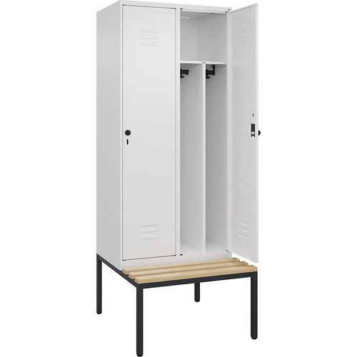 4066681744387 - Schwarz-Weiß-Spind Classic PLUS Sitzbank schmal 2 Abteile Trennwand verkürzt verkehrsweiß B 800 mm Sicherheits-Drehriegel untergebaut Buche-Hartholz C+P