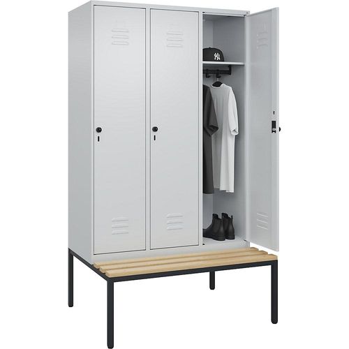 4066681744929 - Spind Classic PLUS Sitzbank 3 Abteile lichtgrau B 1200 mm Sicherheits-Drehriegel untergebaut Buche-Hartholz C+P 4066681744929 - Spind Classic PLUS Sitzbank 3 Abteile lichtgrau B 1200 mm Sicherheits-Drehriegel untergebaut Buche-Hartholz C+P