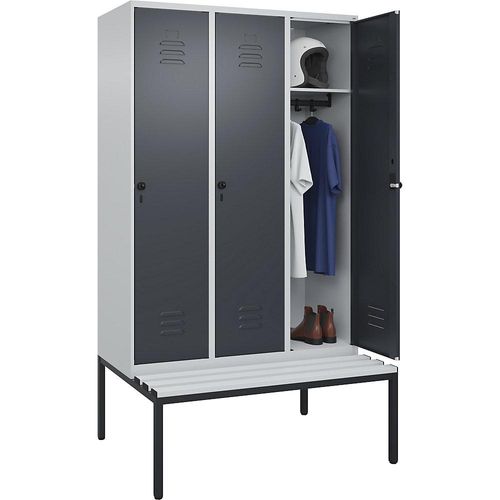 4066681793088 - Spind Classic PLUS Sitzbank 3 Abteile lichtgrau   grau B 1200 mm Sicherheits-Drehriegel untergebaut Kunststoff C+P