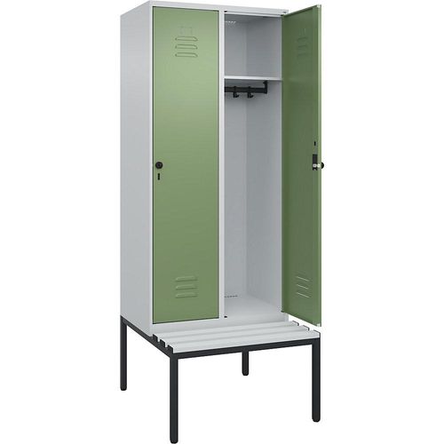 4066681792159 - Spind Classic PLUS Sitzbank 2 Abteile lichtgrau   resedagrün B 800 mm Sicherheits-Drehriegel untergebaut Kunststoff C+P