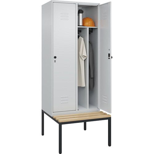 4066681744332 - Schwarz-Weiß-Spind Classic PLUS Sitzbank schmal 2 Abteile Trennwand verkürzt lichtgrau B 800 mm Sicherheits-Drehriegel untergebaut Buche-Hartholz C+P