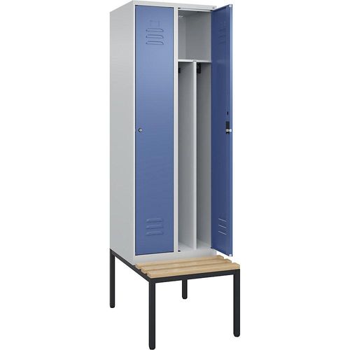 4066681819061 - Schwarz-Weiß-Spind Classic PLUS Sitzbank schmal 2 Abteile Trennwand verkürzt lichtgrau   fernblau B 600 mm Zylinderschloss untergebaut Buche-Hartholz C+P