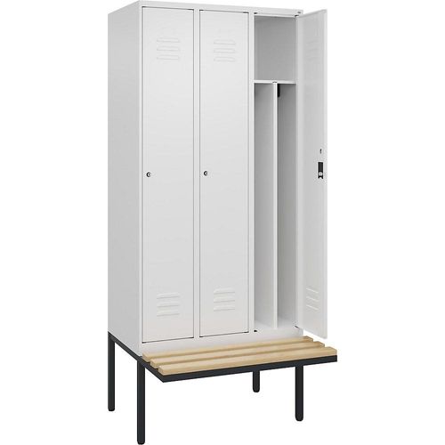 4066681817616 - Schwarz-Weiß-Spind Classic PLUS Sitzbank schmal 3 Abteile Trennwand verkürzt verkehrsweiß B 900 mm Zylinderschloss auskragend Buche-Hartholz C+P