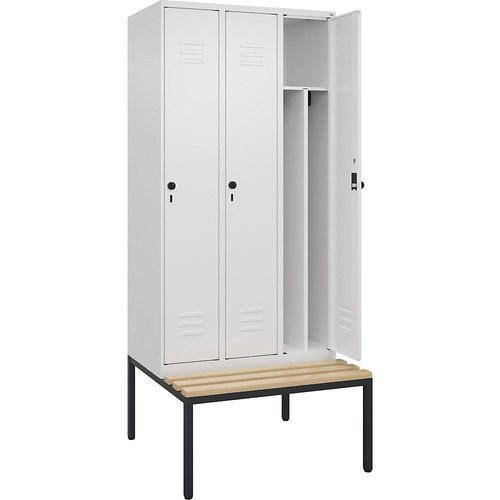 4066681744820 - Schwarz-Weiß-Spind Classic PLUS Sitzbank schmal 3 Abteile Trennwand verkürzt verkehrsweiß B 900 mm Sicherheits-Drehriegel untergebaut Buche-Hartholz C+P 4066681744820 - Schwarz-Weiß-Spind Classic PLUS Sitzbank schmal 3 Abteile Trennwand verkürzt verkehrsweiß B 900 mm Sicherheits-Drehriegel untergebaut Buche-Hartholz C+P