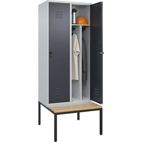 4066681744325 - Schwarz-Weiß-Spind Classic PLUS Sitzbank schmal 2 Abteile Trennwand verkürzt lichtgrau   grau B 800 mm Sicherheits-Drehriegel untergebaut Buche-Hartholz C+P