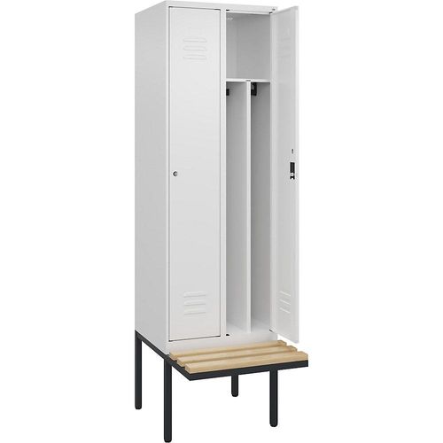 4066681817333 - Schwarz-Weiß-Spind Classic PLUS Sitzbank schmal 2 Abteile Trennwand verkürzt verkehrsweiß B 600 mm Zylinderschloss auskragend Buche-Hartholz C+P