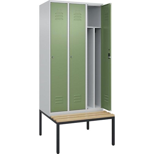 4066681819351 - Schwarz-Weiß-Spind Classic PLUS Sitzbank schmal 3 Abteile Trennwand verkürzt lichtgrau   resedagrün B 900 mm Zylinderschloss untergebaut Buche-Hartholz C+P