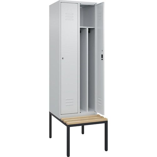 4066681819108 - Schwarz-Weiß-Spind Classic PLUS Sitzbank schmal 2 Abteile Trennwand verkürzt lichtgrau B 600 mm Zylinderschloss untergebaut Buche-Hartholz C+P