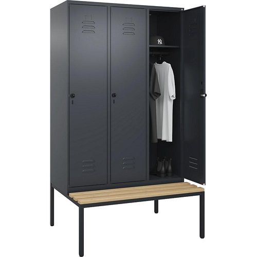 4066681744950 - Spind Classic PLUS Sitzbank 3 Abteile grau B 1200 mm Sicherheits-Drehriegel untergebaut Buche-Hartholz C+P