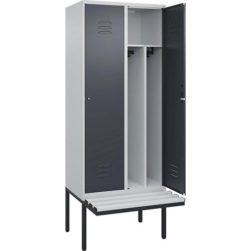4066681786622 - Schwarz-Weiß-Spind Classic PLUS Sitzbank schmal 2 Abteile Trennwand verkürzt lichtgrau   grau B 800 mm Zylinderschloss auskragend Kunststoff C+P
