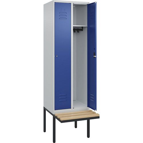 4066681817081 - Spind Classic PLUS Sitzbank 2 Abteile lichtgrau   enzianblau B 600 mm Zylinderschloss auskragend Buche-Hartholz C+P