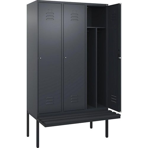4066681787865 - Schwarz-Weiß-Spind Classic PLUS Sitzbank schmal 3 Abteile Trennwand verkürzt grau B 1200 mm Zylinderschloss auskragend Kunststoff C+P