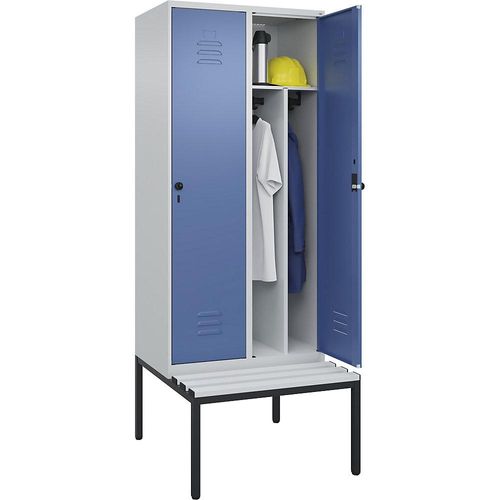 4066681792449 - Schwarz-Weiß-Spind Classic PLUS Sitzbank schmal 2 Abteile Trennwand verkürzt lichtgrau   fernblau B 800 mm Sicherheits-Drehriegel untergebaut Kunststoff C+P