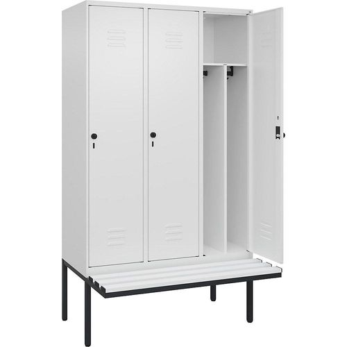 4066681788039 - Schwarz-Weiß-Spind Classic PLUS Sitzbank schmal 3 Abteile Trennwand verkürzt verkehrsweiß B 1200 mm Sicherheits-Drehriegel auskragend Kunststoff C+P