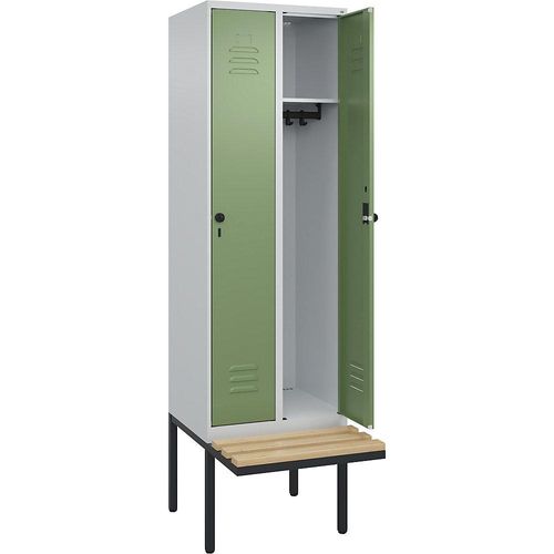4066681740402 - Spind Classic PLUS Sitzbank 2 Abteile lichtgrau   resedagrün B 600 mm Sicherheits-Drehriegel auskragend Buche-Hartholz C+P