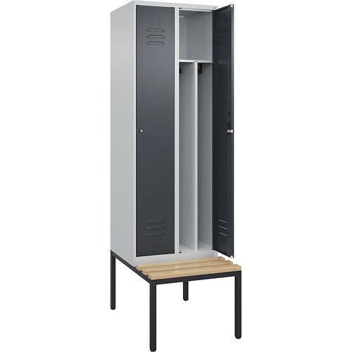 4066681819092 - Schwarz-Weiß-Spind Classic PLUS Sitzbank schmal 2 Abteile Trennwand verkürzt lichtgrau   grau B 600 mm Zylinderschloss untergebaut Buche-Hartholz C+P